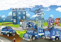 Cartoon stage with different machines for police duty - colorful and cheerful scene