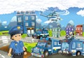 Cartoon stage with different machines for police duty and policeman - colorful and cheerful scene