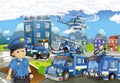 Cartoon stage with different machines for police duty and policeman - colorful and cheerful scene