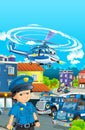 Cartoon stage with different machines for police duty and policeman - colorful and cheerful scene Royalty Free Stock Photo