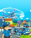 Cartoon stage with different machines for police duty and policeman - colorful and cheerful scene Royalty Free Stock Photo