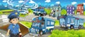 Cartoon stage with different machines for police duty and policeman - colorful and cheerful scene