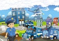 Cartoon stage with different machines for police duty and policeman - colorful and cheerful scene