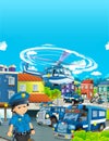 Cartoon stage with different machines for police duty and policeman - colorful and cheerful scene Royalty Free Stock Photo