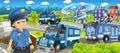 Cartoon stage with different machines for police duty and policeman - colorful and cheerful scene Royalty Free Stock Photo