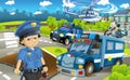 Cartoon stage with different machines for police duty and policeman - colorful and cheerful scene Royalty Free Stock Photo