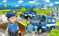 Cartoon stage with different machines for police duty and policeman - colorful and cheerful scene Royalty Free Stock Photo