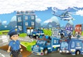 Cartoon stage with different machines for police duty and policeman - colorful and cheerful scene Royalty Free Stock Photo