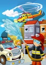Cartoon stage with fireman fire fighting near some building smoking - illustration for kids