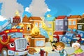 Cartoon stage with fireman and fire truck and flying machine near burning building colorful scene - illustration