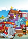 Cartoon stage with fireman near burning building brave firetruck is helping colorful scene