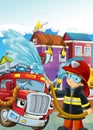 Cartoon stage with fireman near burning building brave firetruck is helping colorful scene