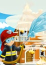 Cartoon stage with fireman near burning building colorful scene