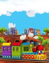 Cartoon stage with train machine older locomotive colorful and cheerful scene