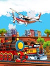 Cartoon stage with train machine older locomotive and flying patrol plane colorful and cheerful scene