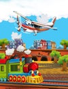 Cartoon stage with train machine older locomotive and flying patrol plane colorful and cheerful scene