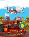 Cartoon stage with train machine older locomotive and flying patrol plane colorful and cheerful scene