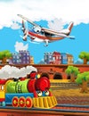 Cartoon stage with train machine older locomotive and flying patrol plane colorful and cheerful scene