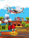 Cartoon stage with train machine older locomotive and flying patrol plane colorful and cheerful scene