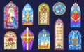 Cartoon stained glass. Beautiful stain church windows frames christian or catholic religious, coloring mosaic window Royalty Free Stock Photo