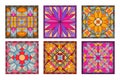 Cartoon stained glass pattern. Mosaic tile church windows, geometry and floral design flat vector background illustration set.