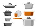 Cartoon stainless and non-stick cookware set, pots, pans, saucepans and utensils tools cooking isolated on white background,