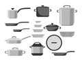 Cartoon stainless and non-stick cookware set, pots, pans, saucepans and utensils tools cooking isolated on white background,