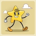 Cartoon star character walking. Cheerful retro 20s vintage mascot.