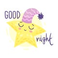 Cartoon star is sleeping. Vector illustration on a white background. Royalty Free Stock Photo