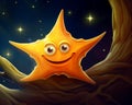 a cartoon starfish is sitting on a tree branch with stars in the background