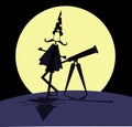 Cartoon stargazer with telescope and full moon illustration