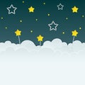 Cartoon stars on the dark sky background with clouds. Cloudscape background with copy space.