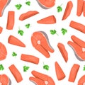 Cartoon Steak and Pieces of Salmon Seamless Pattern Background. Vector