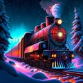 Cartoon steam locomotive at night in the snowy forest. Vector illustration. AI generated Royalty Free Stock Photo