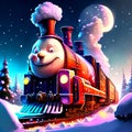 Cartoon steam locomotive in the snowy forest at night - illustration for children AI generated Royalty Free Stock Photo