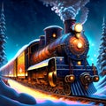 Cartoon steam locomotive in winter forest - illustration for children. AI Generated Royalty Free Stock Photo