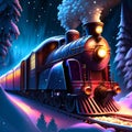 Cartoon steam locomotive in the winter forest at night. Vector illustration. AI Generated Royalty Free Stock Photo