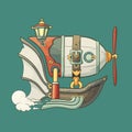 Cartoon steampunk styled flying airship with