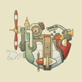 Cartoon steampunk styled flying airship with