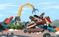 Cartoon steel crane working, dismantling scrapyard with old broken and crushed parts of auto vehicles, abandoned Royalty Free Stock Photo