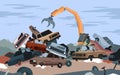 Cartoon steel crane working, dismantling scrapyard with old broken and crushed parts of auto vehicles, abandoned Royalty Free Stock Photo