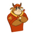 Cartoon stern bull or ox wearing a red t-shirt and a cap with flower. Vector illustration of funny animal. Symbol of 2021.
