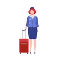 Cartoon stewardess with suitcase. Female air hostess in blue uniform, aircraft staff with luggage, commercial journey Royalty Free Stock Photo