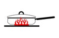 Cartoon stewpan with a lid and a long handle on a red gas stove. Image of a kitchen pot on fire. Illustration