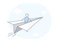 Cartoon stick character flying on a paper plane. Vector concept illustration in eps10 Royalty Free Stock Photo