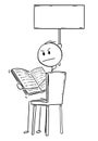 Cartoon of Annoyed Man Sitting on Chair and Reading a Book and Holding Empty Sign