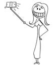 Cartoon of Woman With Artificial Smile Taking Selfie With Stick