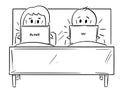 Cartoon of Couple in Bed, Both Man and Woman are Working on Computer Royalty Free Stock Photo