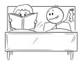 Cartoon of Couple in Bed, Man Wants Sexual Intercourse, Woman is Reading a Book and Rejecting