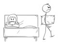 Cartoon of Couple, Man Was Rejected by Woman and is Leaving Bed With Pillow